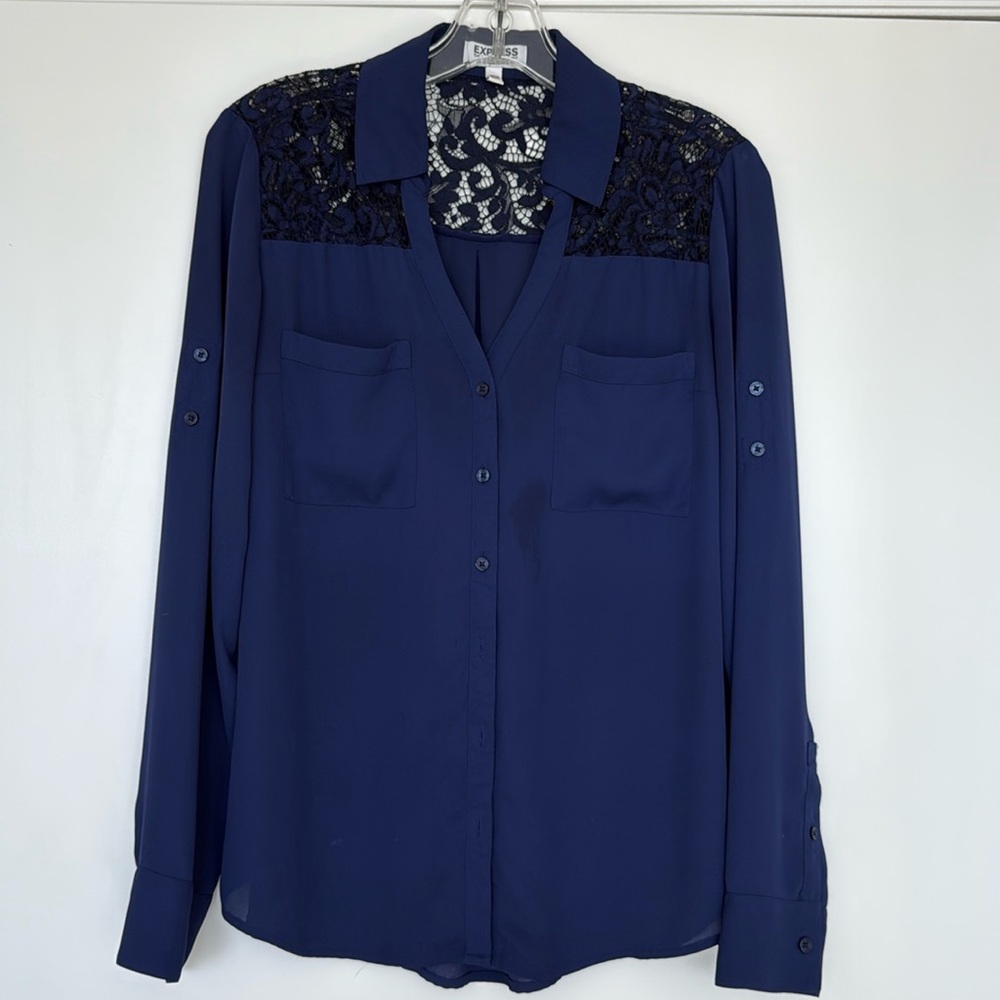 Express Slim Fit Convertible Sleeve Portofino Lace Panel Shirt fairycore medium